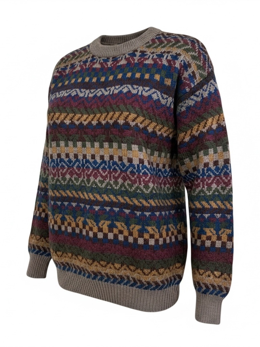 Alpaca Black Multicolor Fair Isle Crewneck Sweater - Large